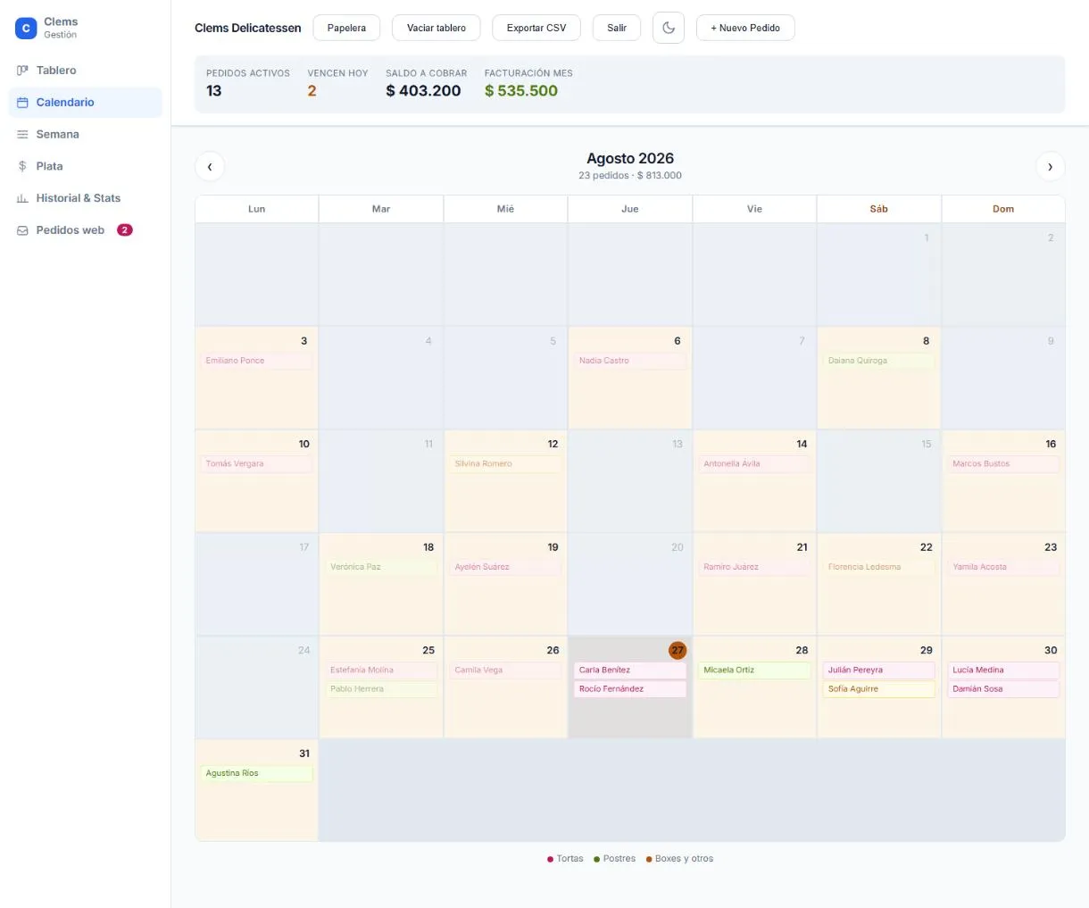 El calendario del mes con las entregas marcadas