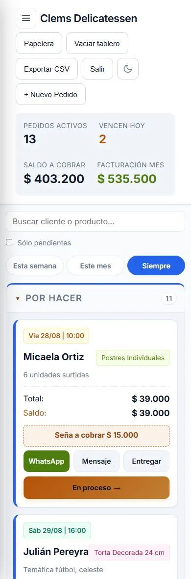 El gestor de pedidos abierto en un celular
